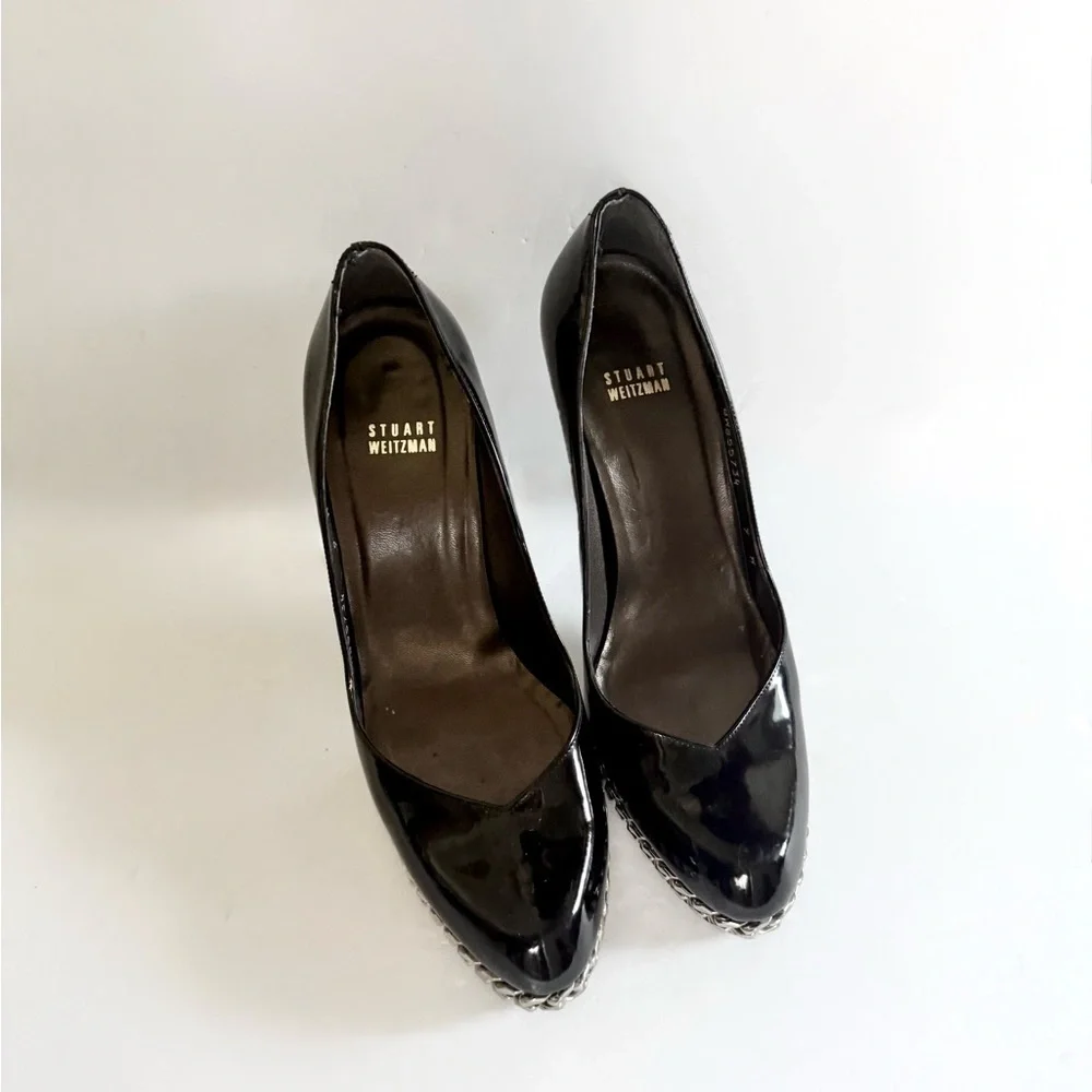 Stuart Weitzman Black Patent Leather Pumps Chain Link Platform Stiletto Heels